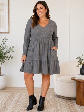 Torrid Gray Ribbed V-Neck Tiered‎ Long Sleeve Dress torrid 1